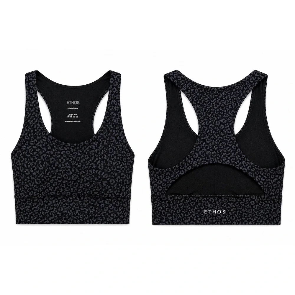 Ethos Leopard Print Longline‎ Sports Bra Black Gray Large